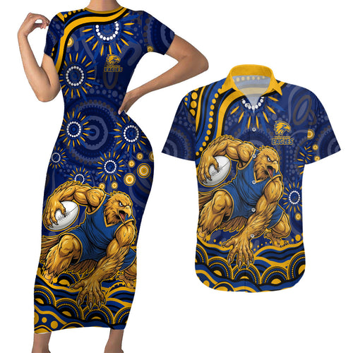 Personalized West Coast Eagles AFL Mascot Couples Matching Short Sleeve Bodycon Dress and Hawaiian Shirt Aboriginal Dot Art - Dreamtime Football Mascot