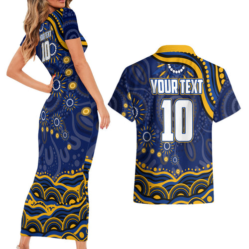 Personalized West Coast Eagles AFL Mascot Couples Matching Short Sleeve Bodycon Dress and Hawaiian Shirt Aboriginal Dot Art - Dreamtime Football Mascot