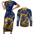 Personalized West Coast Eagles AFL Mascot Couples Matching Short Sleeve Bodycon Dress and Long Sleeve Button Shirt Aboriginal Dot Art - Dreamtime Football Mascot
