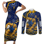 Personalized West Coast Eagles AFL Mascot Couples Matching Short Sleeve Bodycon Dress and Long Sleeve Button Shirt Aboriginal Dot Art - Dreamtime Football Mascot
