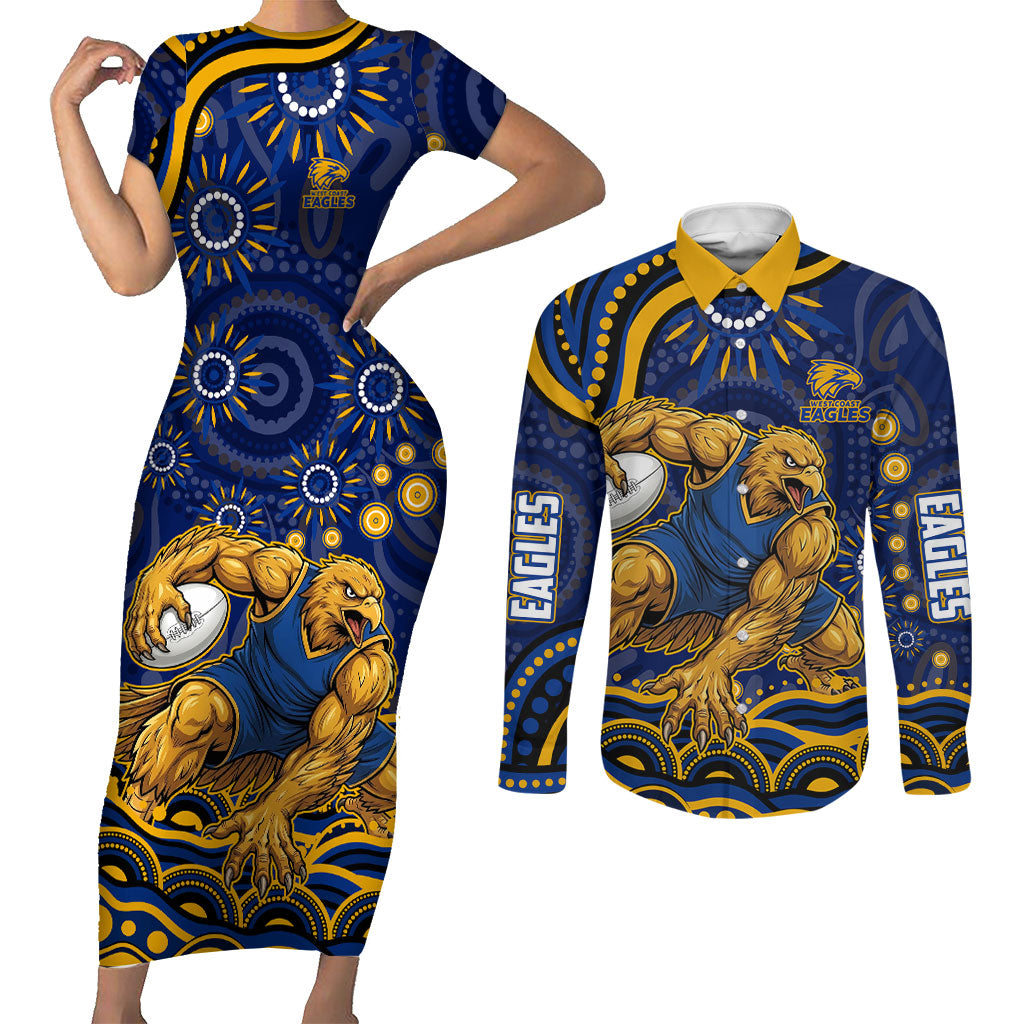 Personalized West Coast Eagles AFL Mascot Couples Matching Short Sleeve Bodycon Dress and Long Sleeve Button Shirt Aboriginal Dot Art - Dreamtime Football Mascot