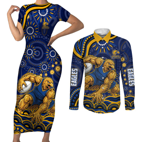 Personalized West Coast Eagles AFL Mascot Couples Matching Short Sleeve Bodycon Dress and Long Sleeve Button Shirt Aboriginal Dot Art - Dreamtime Football Mascot