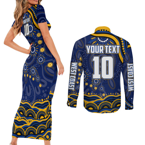 Personalized West Coast Eagles AFL Mascot Couples Matching Short Sleeve Bodycon Dress and Long Sleeve Button Shirt Aboriginal Dot Art - Dreamtime Football Mascot