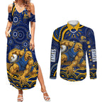 Personalized West Coast Eagles AFL Mascot Couples Matching Summer Maxi Dress and Long Sleeve Button Shirt Aboriginal Dot Art - Dreamtime Football Mascot