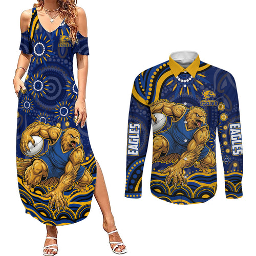 Personalized West Coast Eagles AFL Mascot Couples Matching Summer Maxi Dress and Long Sleeve Button Shirt Aboriginal Dot Art - Dreamtime Football Mascot