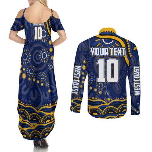 Personalized West Coast Eagles AFL Mascot Couples Matching Summer Maxi Dress and Long Sleeve Button Shirt Aboriginal Dot Art - Dreamtime Football Mascot