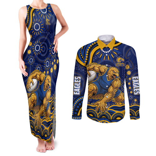 Personalized West Coast Eagles AFL Mascot Couples Matching Tank Maxi Dress and Long Sleeve Button Shirt Aboriginal Dot Art - Dreamtime Football Mascot