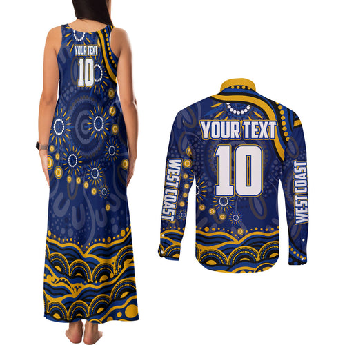 Personalized West Coast Eagles AFL Mascot Couples Matching Tank Maxi Dress and Long Sleeve Button Shirt Aboriginal Dot Art - Dreamtime Football Mascot
