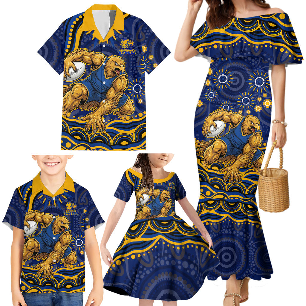 Personalized West Coast Eagles AFL Mascot Family Matching Mermaid Dress and Hawaiian Shirt Aboriginal Dot Art - Dreamtime Football Mascot