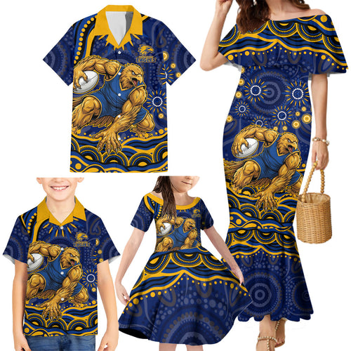 Personalized West Coast Eagles AFL Mascot Family Matching Mermaid Dress and Hawaiian Shirt Aboriginal Dot Art - Dreamtime Football Mascot