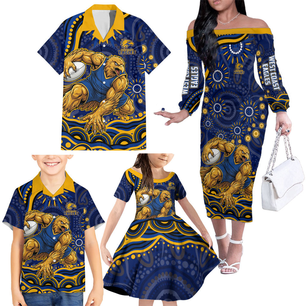 Personalized West Coast Eagles AFL Mascot Family Matching Off The Shoulder Long Sleeve Dress and Hawaiian Shirt Aboriginal Dot Art - Dreamtime Football Mascot