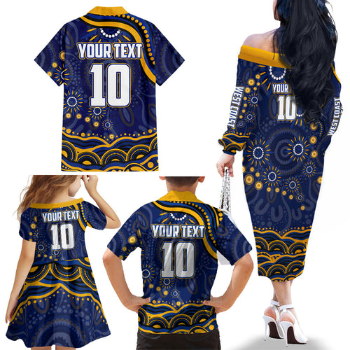 Personalized West Coast Eagles AFL Mascot Family Matching Off The Shoulder Long Sleeve Dress and Hawaiian Shirt Aboriginal Dot Art - Dreamtime Football Mascot