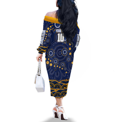 Personalized West Coast Eagles AFL Mascot Family Matching Off The Shoulder Long Sleeve Dress and Hawaiian Shirt Aboriginal Dot Art - Dreamtime Football Mascot