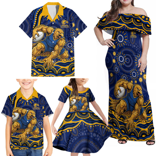 Personalized West Coast Eagles AFL Mascot Family Matching Off Shoulder Maxi Dress and Hawaiian Shirt Aboriginal Dot Art - Dreamtime Football Mascot