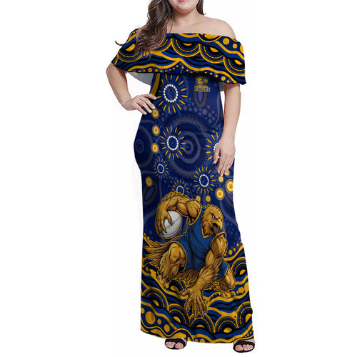 Personalized West Coast Eagles AFL Mascot Family Matching Off Shoulder Maxi Dress and Hawaiian Shirt Aboriginal Dot Art - Dreamtime Football Mascot