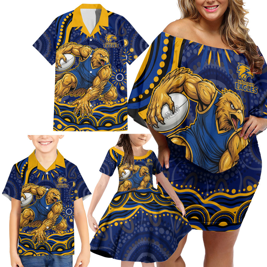 Personalized West Coast Eagles AFL Mascot Family Matching Off Shoulder Short Dress and Hawaiian Shirt Aboriginal Dot Art - Dreamtime Football Mascot