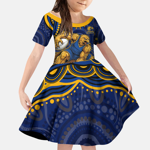 Personalized West Coast Eagles AFL Mascot Kid Short Sleeve Dress Aboriginal Dot Art - Dreamtime Football Mascot