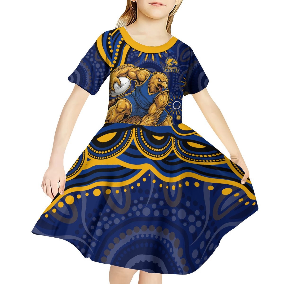 Personalized West Coast Eagles AFL Mascot Kid Short Sleeve Dress Aboriginal Dot Art - Dreamtime Football Mascot