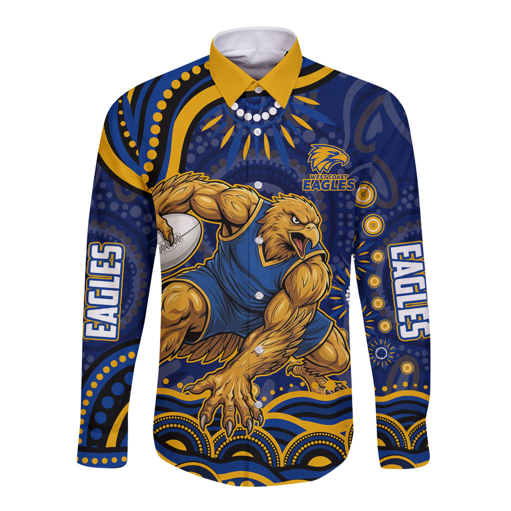 Personalized West Coast Eagles AFL Mascot Long Sleeve Button Shirt Aboriginal Dot Art - Dreamtime Football Mascot