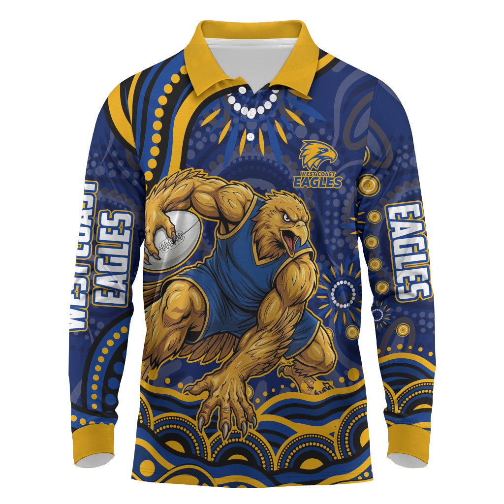 Personalized West Coast Eagles AFL Mascot Long Sleeve Polo Shirt Aboriginal Dot Art - Dreamtime Football Mascot