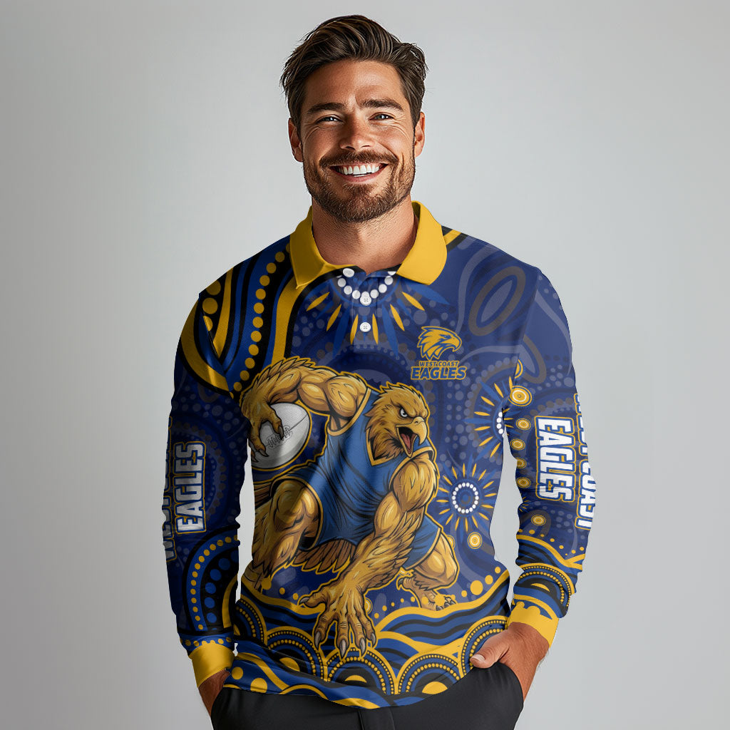 Personalized West Coast Eagles AFL Mascot Long Sleeve Polo Shirt Aboriginal Dot Art - Dreamtime Football Mascot