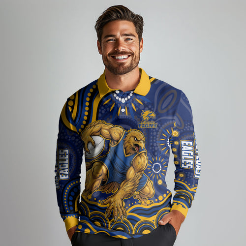 Personalized West Coast Eagles AFL Mascot Long Sleeve Polo Shirt Aboriginal Dot Art - Dreamtime Football Mascot