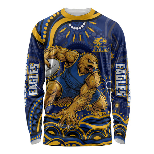 Personalized West Coast Eagles AFL Mascot Long Sleeve Shirt Aboriginal Dot Art - Dreamtime Football Mascot