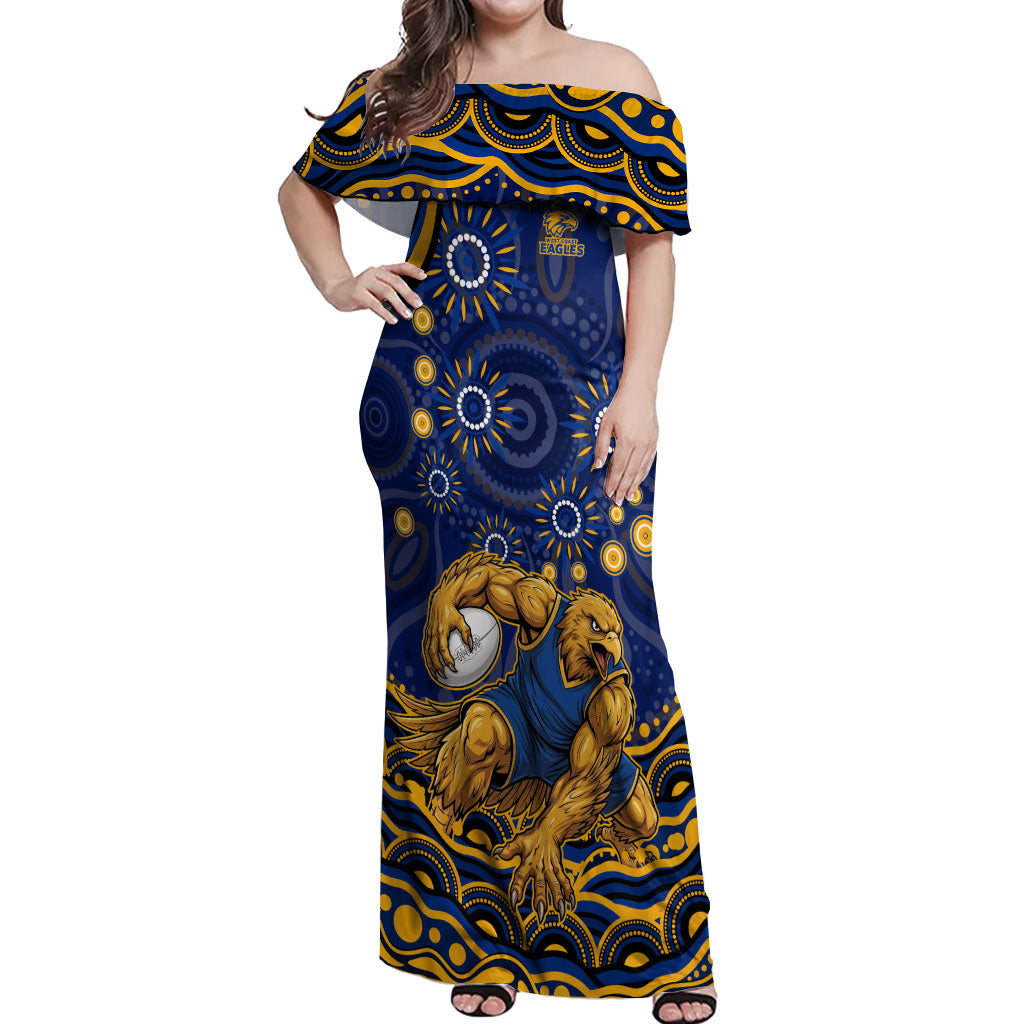 Personalized West Coast Eagles AFL Mascot Off Shoulder Maxi Dress Aboriginal Dot Art - Dreamtime Football Mascot