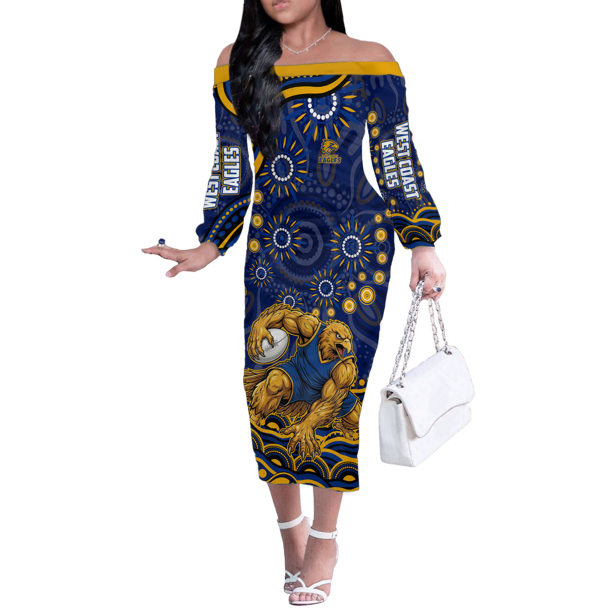 Personalized West Coast Eagles AFL Mascot Off The Shoulder Long Sleeve Dress Aboriginal Dot Art - Dreamtime Football Mascot