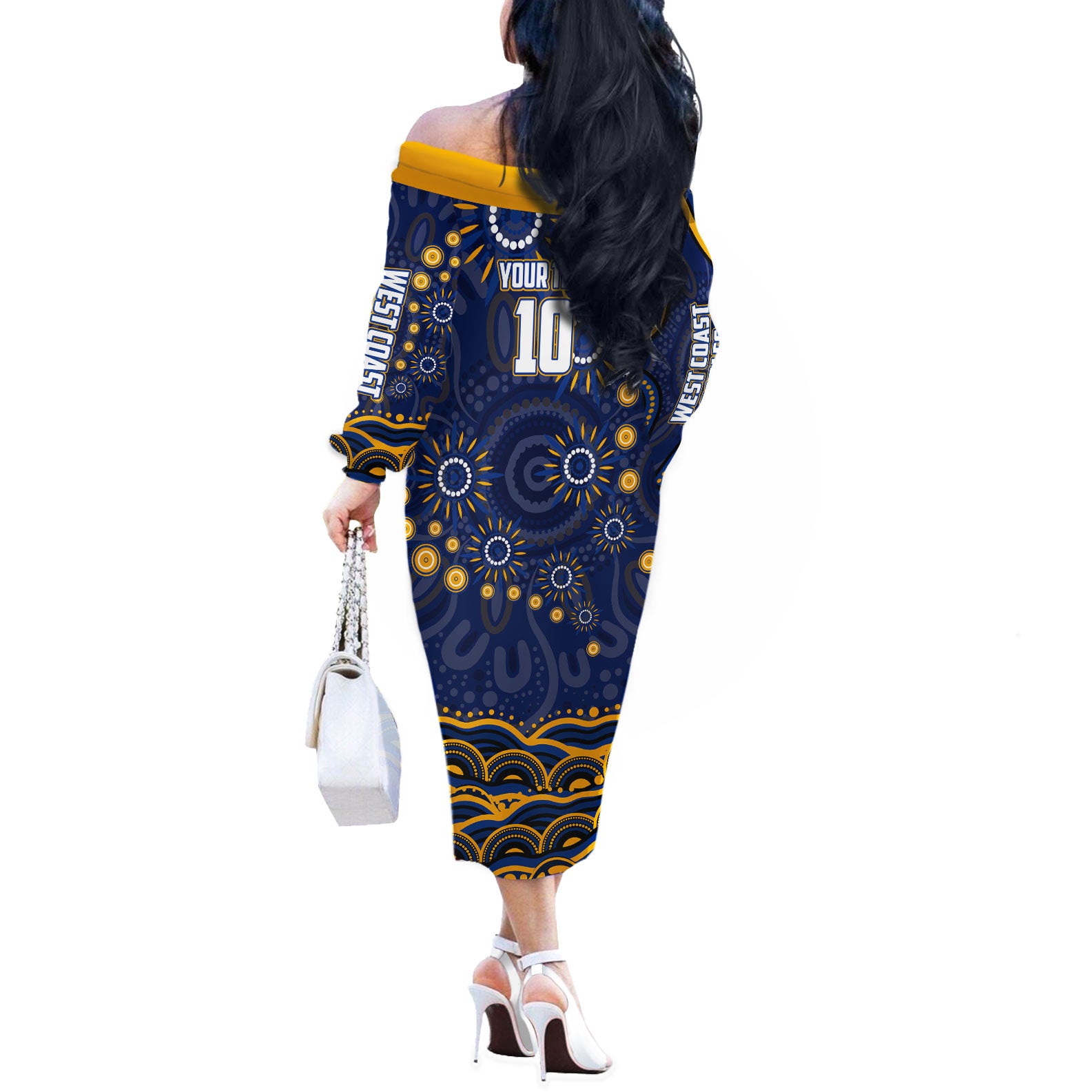 Personalized West Coast Eagles AFL Mascot Off The Shoulder Long Sleeve Dress Aboriginal Dot Art - Dreamtime Football Mascot