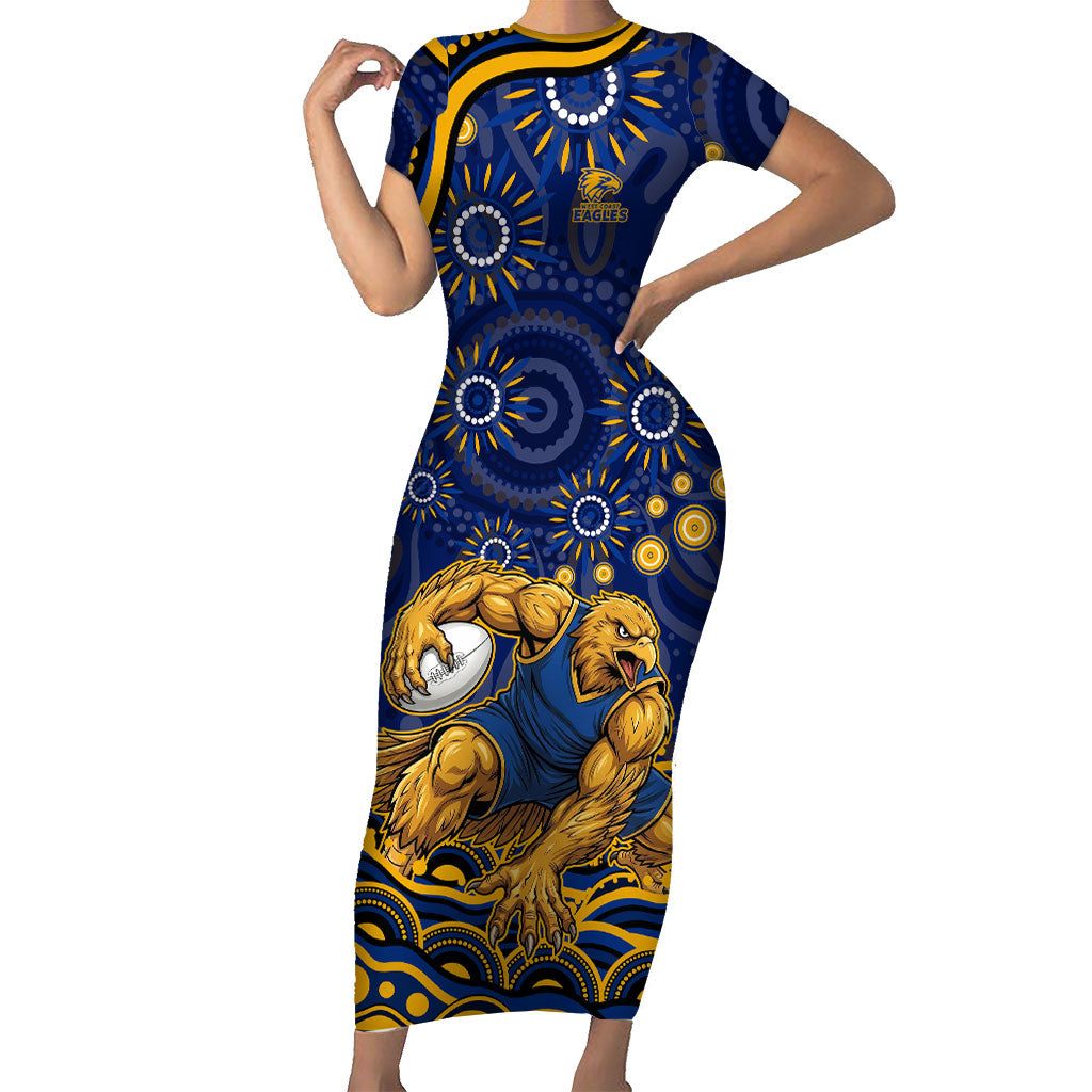 Personalized West Coast Eagles AFL Mascot Short Sleeve Bodycon Dress Aboriginal Dot Art - Dreamtime Football Mascot