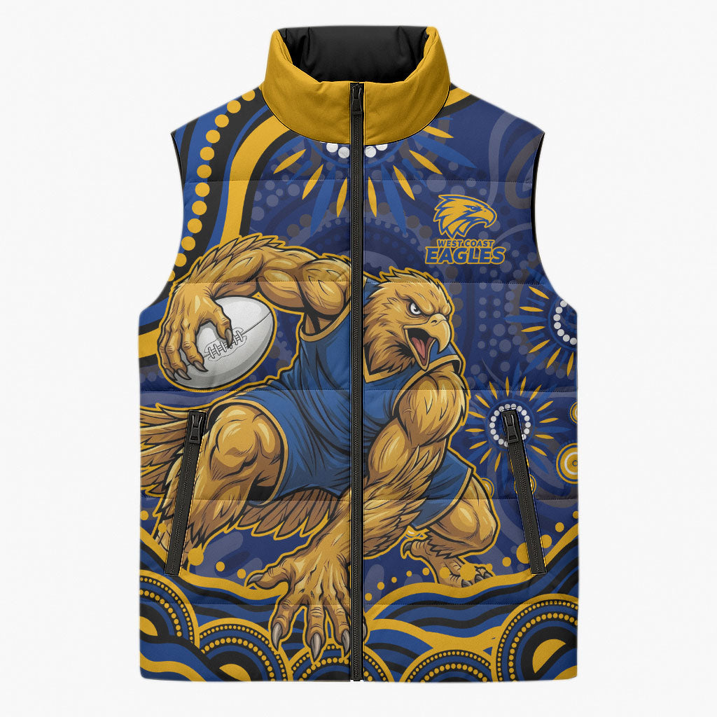 Personalized West Coast Eagles AFL Mascot Sleeveless Puffer Jacket Aboriginal Dot Art - Dreamtime Football Mascot