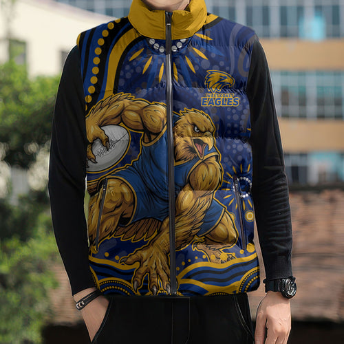 Personalized West Coast Eagles AFL Mascot Sleeveless Puffer Jacket Aboriginal Dot Art - Dreamtime Football Mascot