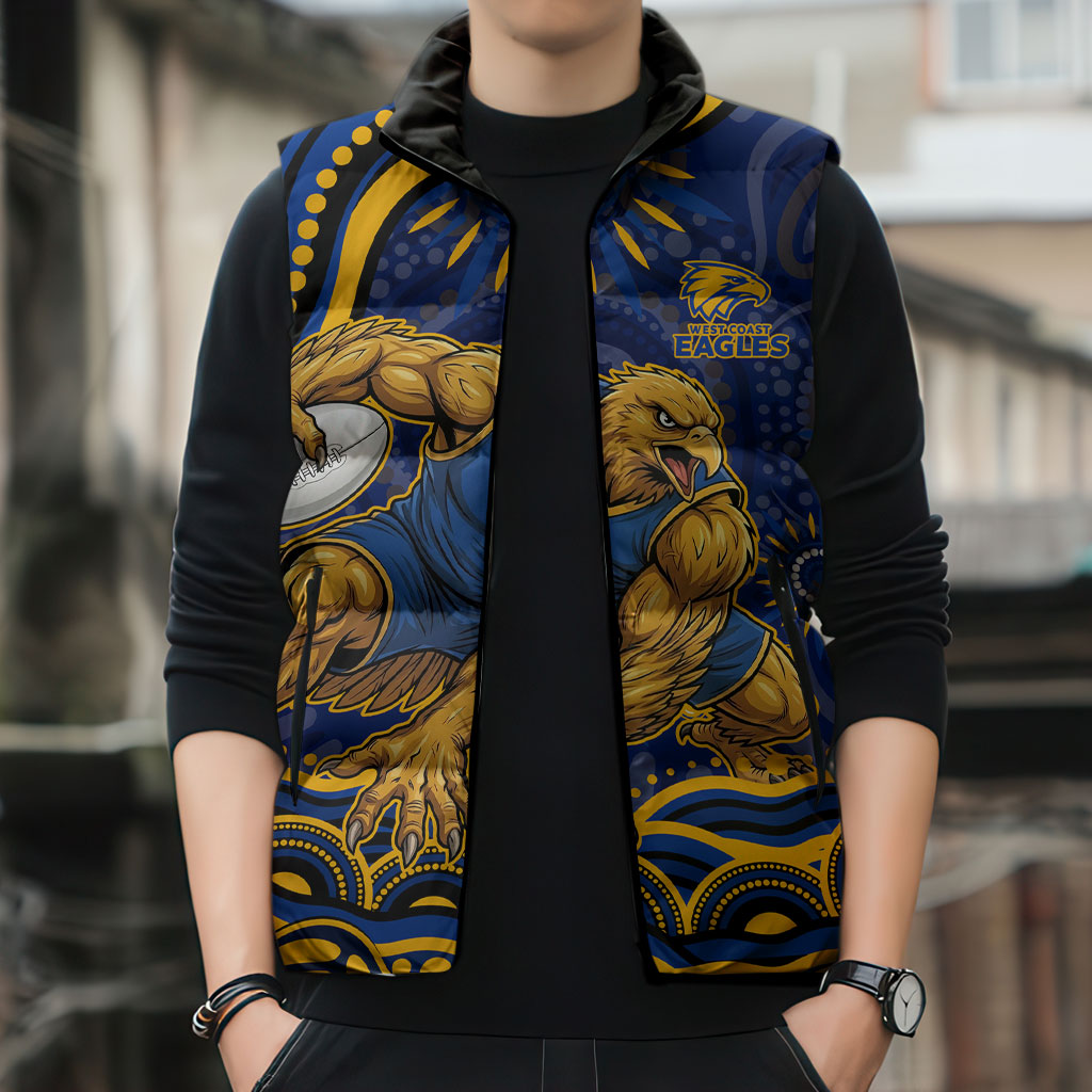 Personalized West Coast Eagles AFL Mascot Sleeveless Puffer Jacket Aboriginal Dot Art - Dreamtime Football Mascot
