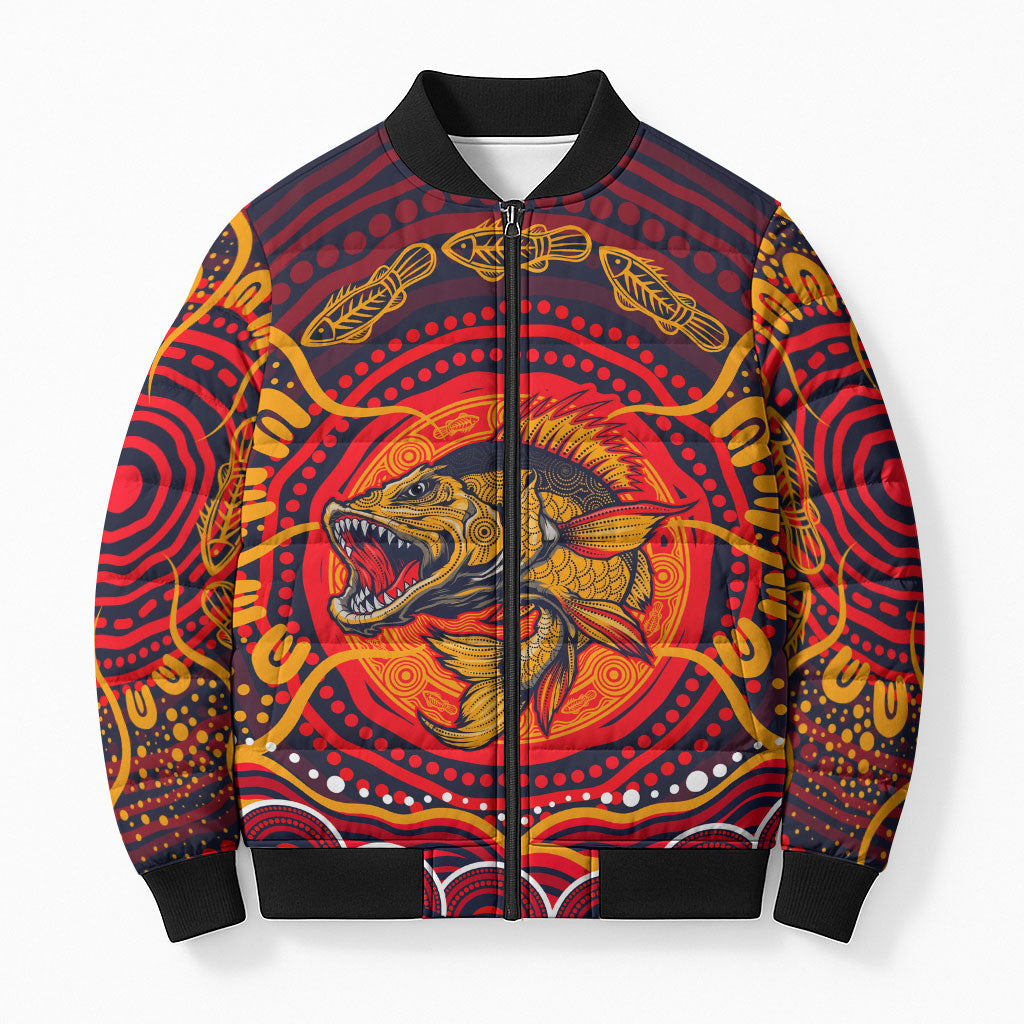 Personalized Barramundi Fish Bomber Puffer Jacket Australian Tropical Fish Indigenous Aboriginal Dot Art