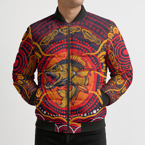Personalized Barramundi Fish Bomber Puffer Jacket Australian Tropical Fish Indigenous Aboriginal Dot Art
