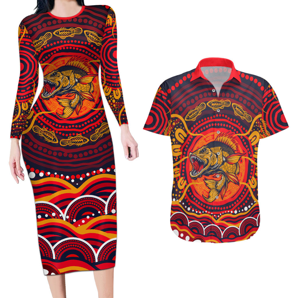 Personalized Barramundi Fish Couples Matching Long Sleeve Bodycon Dress and Hawaiian Shirt Australian Tropical Fish Indigenous Aboriginal Dot Art