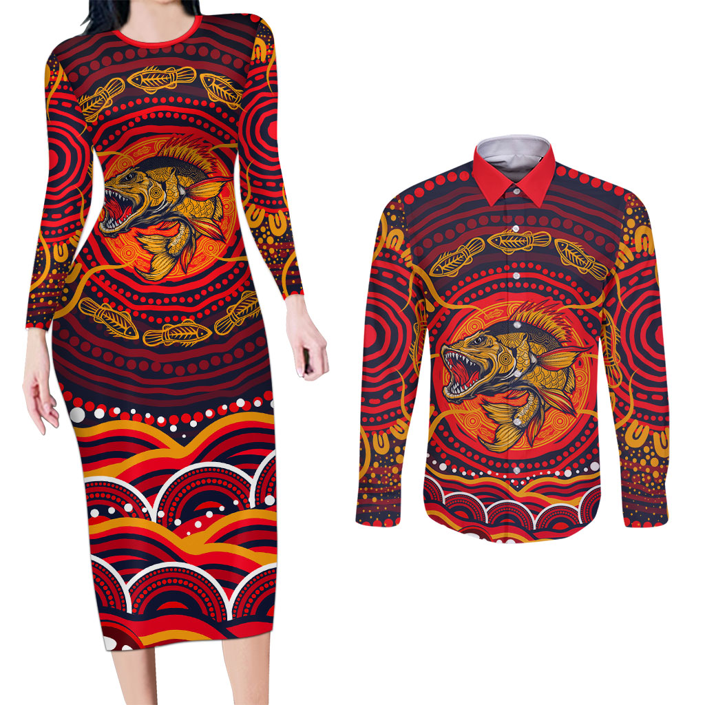 Personalized Barramundi Fish Couples Matching Long Sleeve Bodycon Dress and Long Sleeve Button Shirt Australian Tropical Fish Indigenous Aboriginal Dot Art