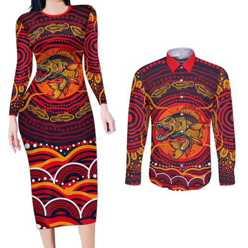 Personalized Barramundi Fish Couples Matching Long Sleeve Bodycon Dress and Long Sleeve Button Shirt Australian Tropical Fish Indigenous Aboriginal Dot Art