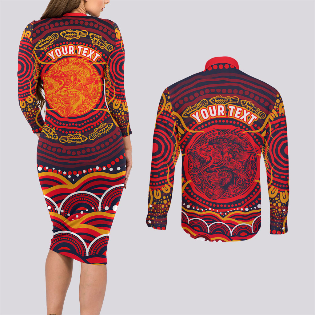Personalized Barramundi Fish Couples Matching Long Sleeve Bodycon Dress and Long Sleeve Button Shirt Australian Tropical Fish Indigenous Aboriginal Dot Art