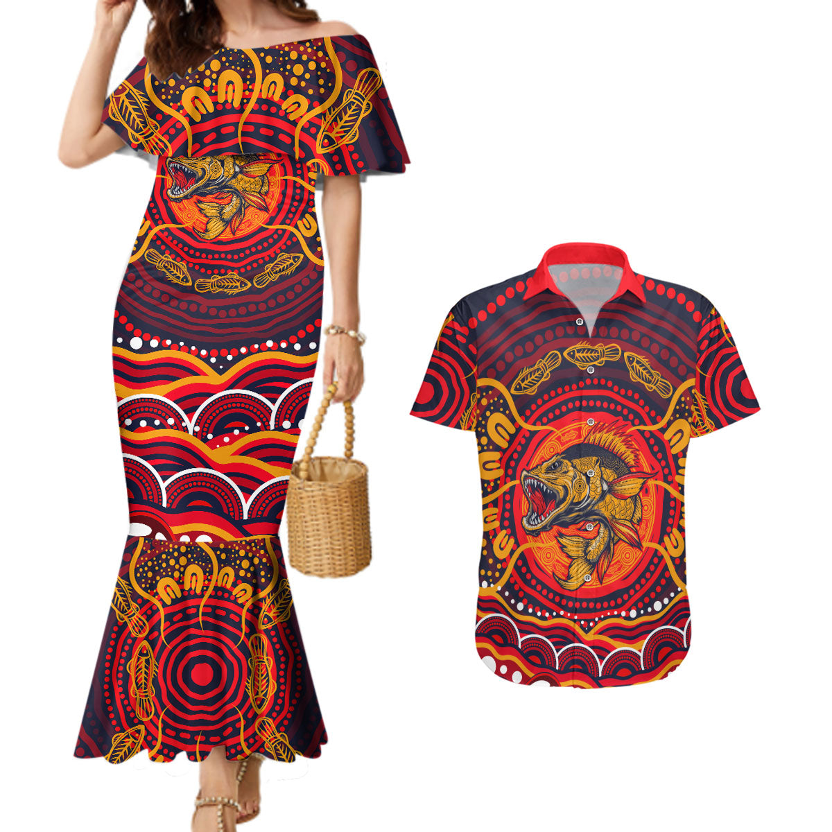 Personalized Barramundi Fish Couples Matching Mermaid Dress and Hawaiian Shirt Australian Tropical Fish Indigenous Aboriginal Dot Art