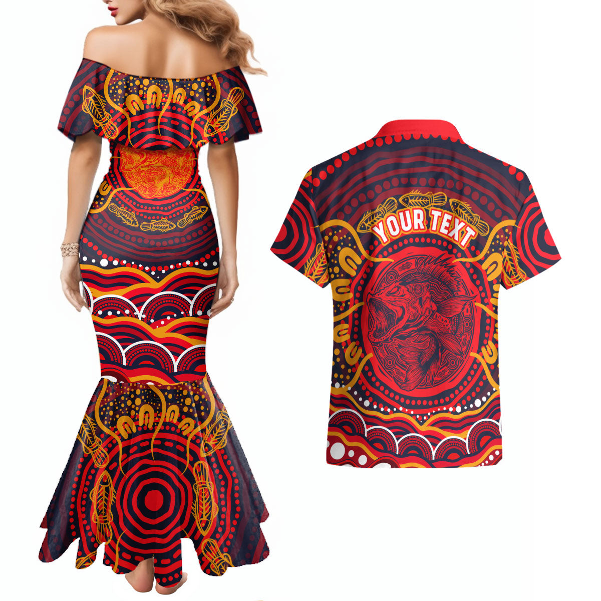 Personalized Barramundi Fish Couples Matching Mermaid Dress and Hawaiian Shirt Australian Tropical Fish Indigenous Aboriginal Dot Art