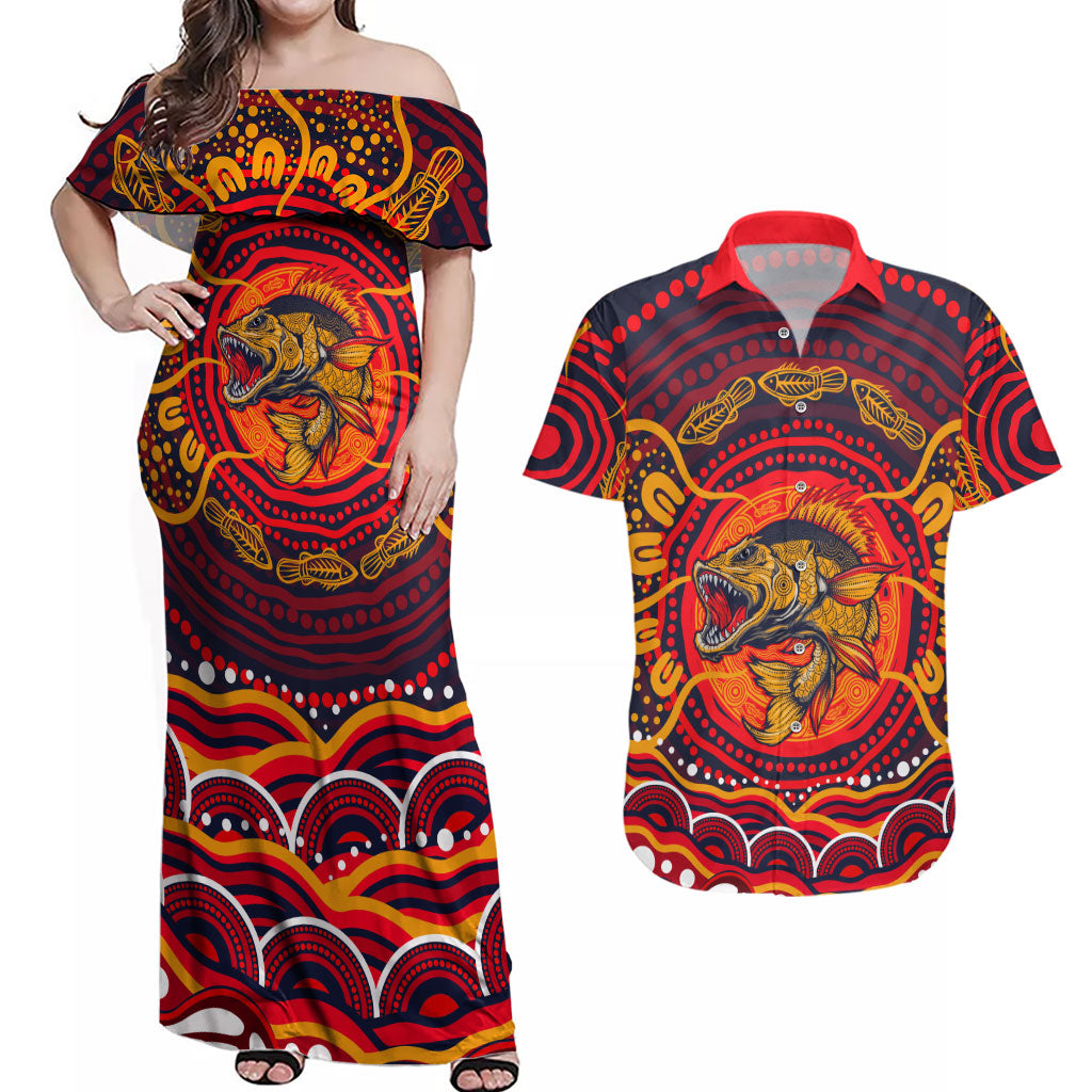 Personalized Barramundi Fish Couples Matching Off Shoulder Maxi Dress and Hawaiian Shirt Australian Tropical Fish Indigenous Aboriginal Dot Art