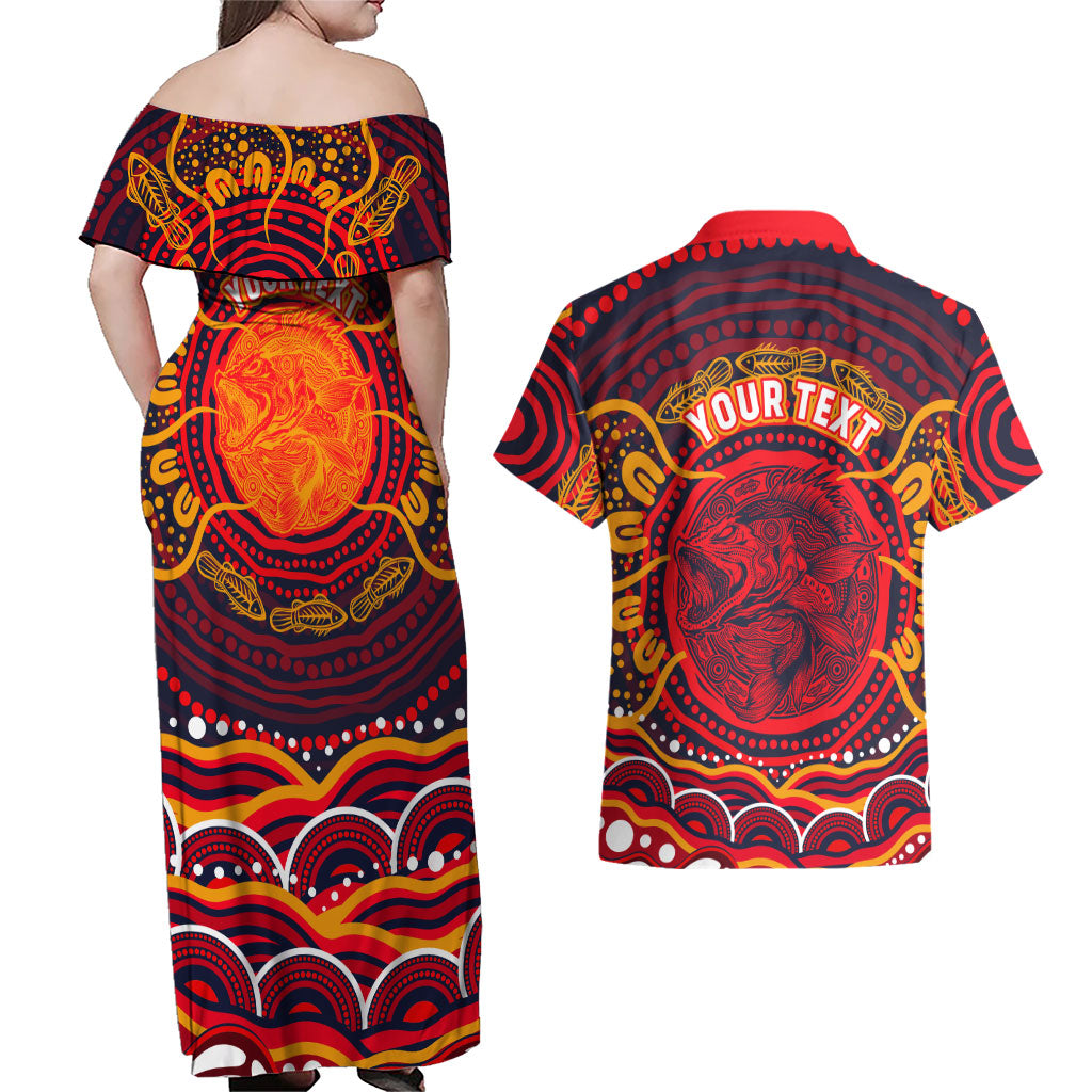Personalized Barramundi Fish Couples Matching Off Shoulder Maxi Dress and Hawaiian Shirt Australian Tropical Fish Indigenous Aboriginal Dot Art