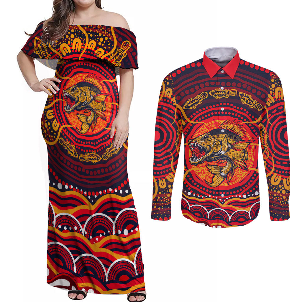 Personalized Barramundi Fish Couples Matching Off Shoulder Maxi Dress and Long Sleeve Button Shirt Australian Tropical Fish Indigenous Aboriginal Dot Art