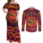 Personalized Barramundi Fish Couples Matching Off Shoulder Maxi Dress and Long Sleeve Button Shirt Australian Tropical Fish Indigenous Aboriginal Dot Art