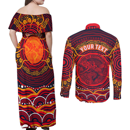 Personalized Barramundi Fish Couples Matching Off Shoulder Maxi Dress and Long Sleeve Button Shirt Australian Tropical Fish Indigenous Aboriginal Dot Art