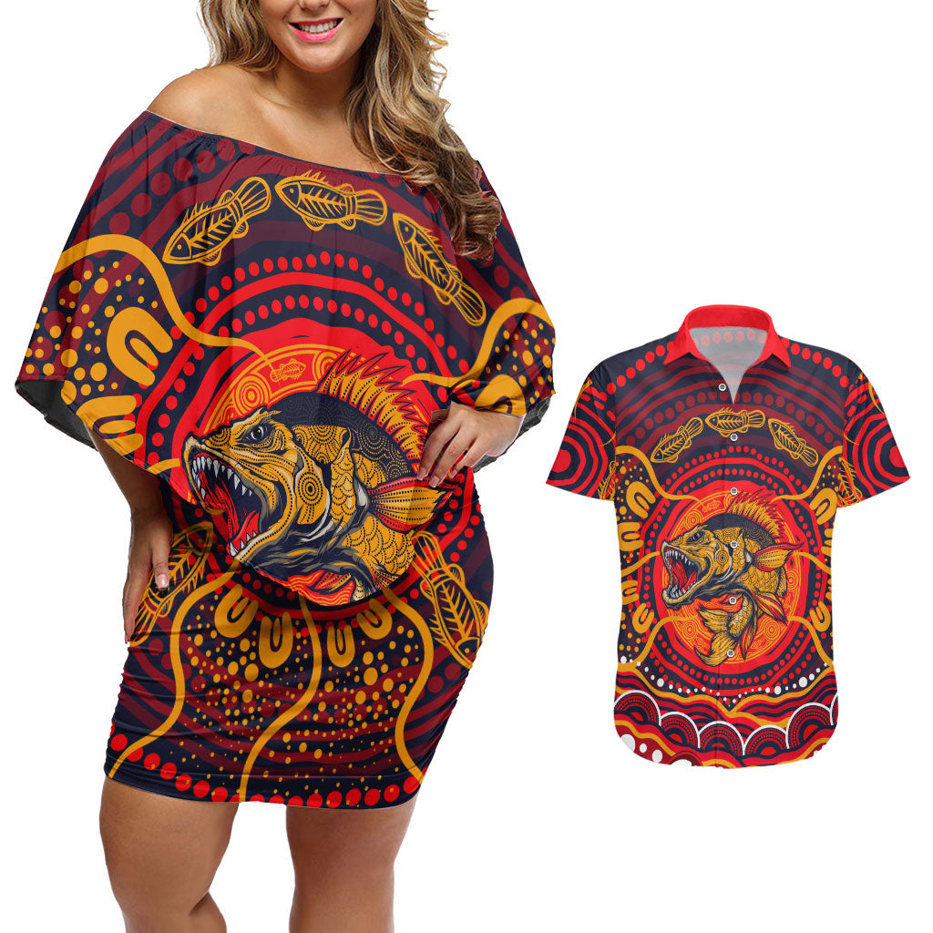 Personalized Barramundi Fish Couples Matching Off Shoulder Short Dress and Hawaiian Shirt Australian Tropical Fish Indigenous Aboriginal Dot Art