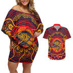 Personalized Barramundi Fish Couples Matching Off Shoulder Short Dress and Hawaiian Shirt Australian Tropical Fish Indigenous Aboriginal Dot Art