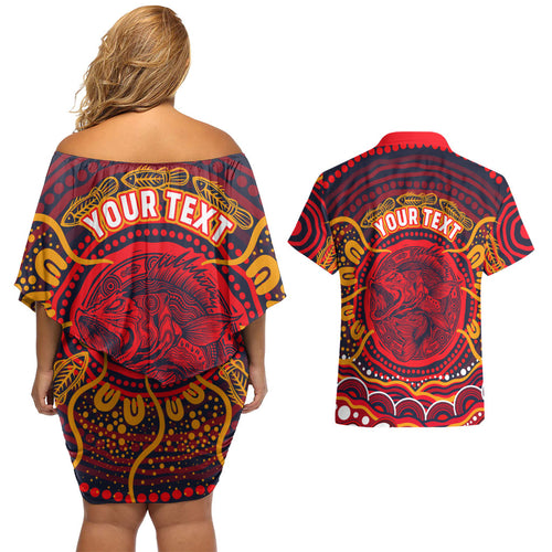 Personalized Barramundi Fish Couples Matching Off Shoulder Short Dress and Hawaiian Shirt Australian Tropical Fish Indigenous Aboriginal Dot Art
